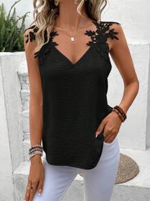 SHEIN Frenchy Guipure Lace Black Grain Panel Tank Top Summer Casual