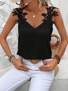 SHEIN Frenchy Guipure Lace Black Grain Panel Tank Top Summer Casual