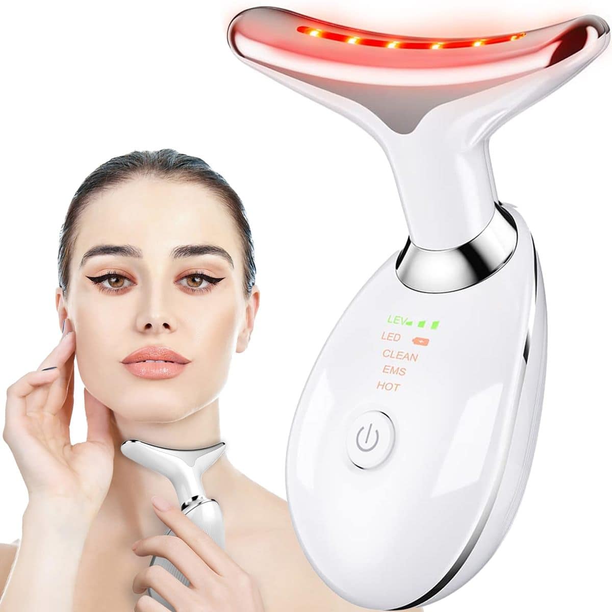 1pc Pulsed Neck & Face Beauty Device - Thermal Skin Rejuvenation Tool, Smooth & Tighten Skin - Dual Slimming & Body Vibration Massage, 7 Color Modes, Effectively Reduces Wrinkles, Firms & Lifts Skin