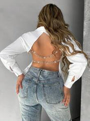 VaVaBold Chain Detail Backless Crop Shirt,Long Sleeve Tops Fall Cloth For Women