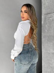 VaVaBold Chain Detail Backless Crop Shirt,Long Sleeve Tops Fall Cloth For Women