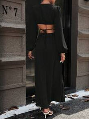 SHEIN Clasi Cut Out Waist Ring Linked Lantern Sleeve Split Thigh Dress Maxi Women Outfit Fall Cloth For Women