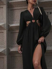 SHEIN Clasi Cut Out Waist Ring Linked Lantern Sleeve Split Thigh Dress Maxi Women Outfit Fall Cloth For Women