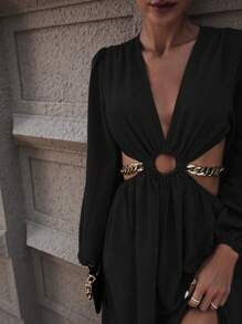 SHEIN Clasi Cut Out Waist Ring Linked Lantern Sleeve Split Thigh Dress Maxi Women Outfit Fall Cloth For Women
