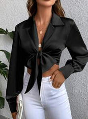 SHEIN Raffin&eacute;a Solid Knot Front Crop Satin Blouse Women Shirt Fall Cloth For Women