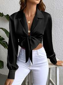 SHEIN Raffin&eacute;a Solid Knot Front Crop Satin Blouse Women Shirt Fall Cloth For Women