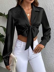 SHEIN Raffin&eacute;a Solid Knot Front Crop Satin Blouse Women Shirt Fall Cloth For Women