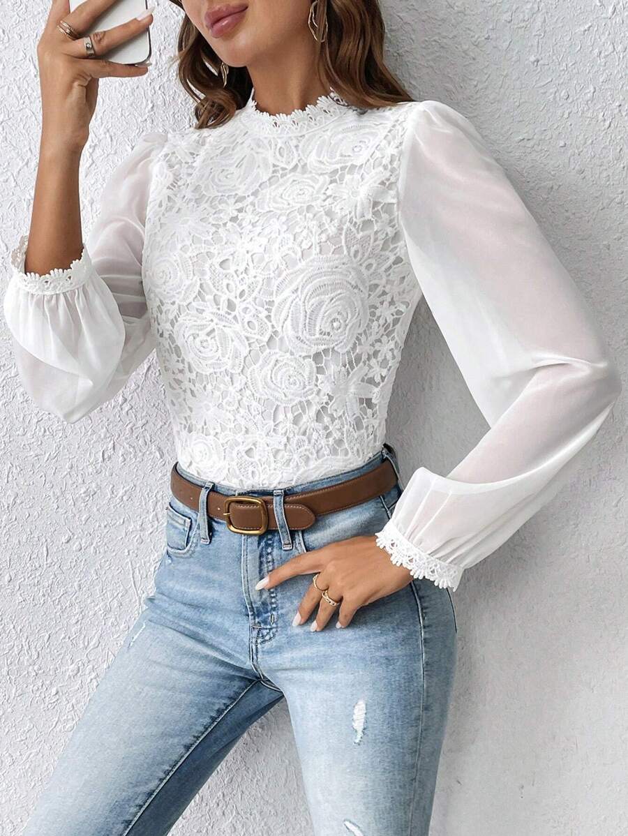 SHEIN Frenchy Guipure Lace Insert Lantern Sleeve Blouse