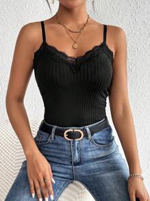 SHEIN Frenchy Contrast Lace Trim Cami V Neck Grain Fabric Top Black Summer Casual