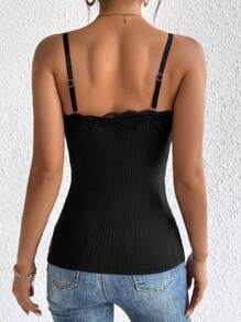 SHEIN Frenchy Contrast Lace Trim Cami V Neck Grain Fabric Top Black Summer Casual