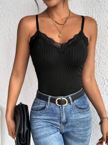 SHEIN Frenchy Contrast Lace Trim Cami V Neck Grain Fabric Top Black Summer Casual