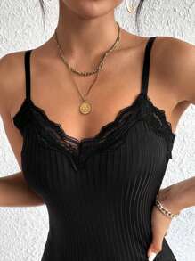 SHEIN Frenchy Contrast Lace Trim Cami V Neck Grain Fabric Top Black Summer Casual