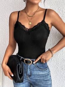 SHEIN Frenchy Contrast Lace Trim Cami V Neck Grain Fabric Top Black Summer Casual