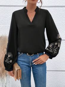 SHEIN Women's Elegant Black Floral Embroidery Notched Neckline Lantern Sleeve Blouse