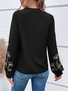 SHEIN Women's Elegant Black Floral Embroidery Notched Neckline Lantern Sleeve Blouse