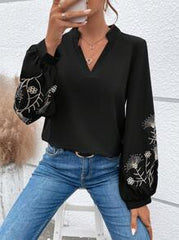 SHEIN Women's Elegant Black Floral Embroidery Notched Neckline Lantern Sleeve Blouse