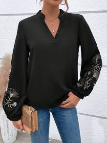 SHEIN Women's Elegant Black Floral Embroidery Notched Neckline Lantern Sleeve Blouse