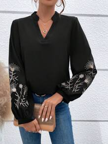 SHEIN Women's Elegant Black Floral Embroidery Notched Neckline Lantern Sleeve Blouse