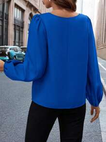 Editum Women's Solid Color Keyhole Neck Lantern Sleeve Elegant Blouse Spring Summer Elegant Vacation Casual