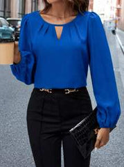 Editum Women's Solid Color Keyhole Neck Lantern Sleeve Elegant Blouse Spring Summer Elegant Vacation Casual
