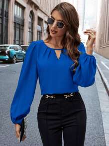 Editum Women's Solid Color Keyhole Neck Lantern Sleeve Elegant Blouse Spring Summer Elegant Vacation Casual