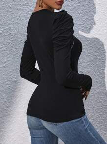 Chiquease Puff Sleeve Asymmetric Zipper Collar T-Shirt Fall Cloth For Women