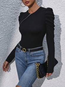 Chiquease Puff Sleeve Asymmetric Zipper Collar T-Shirt Fall Cloth For Women