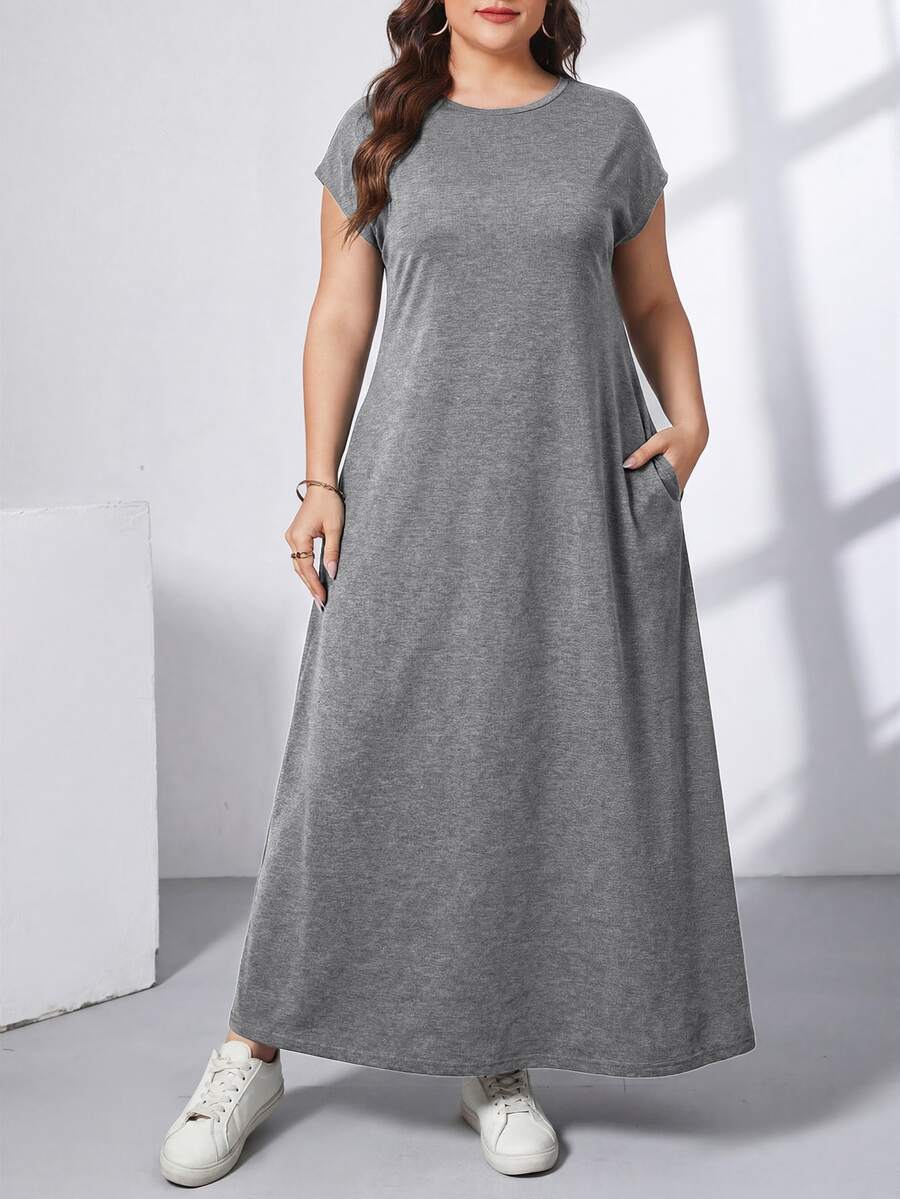 Ženska ležerna haljina plus size, jednobojna, sa okruglim izrezom, kratkim rukavima i džepom