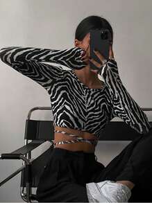 Women's Zebra Pattern Criss Cross Tie Front Top Casual Spring