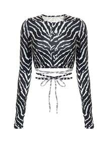 Women's Zebra Pattern Criss Cross Tie Front Top Casual Spring