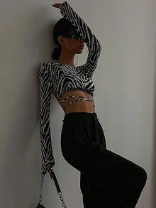 Women's Zebra Pattern Criss Cross Tie Front Top Casual Spring
