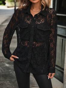 Balvessa Women's Drop Shoulder Lace Long Sleeve Top Women Shirt Fall Cloth For Women