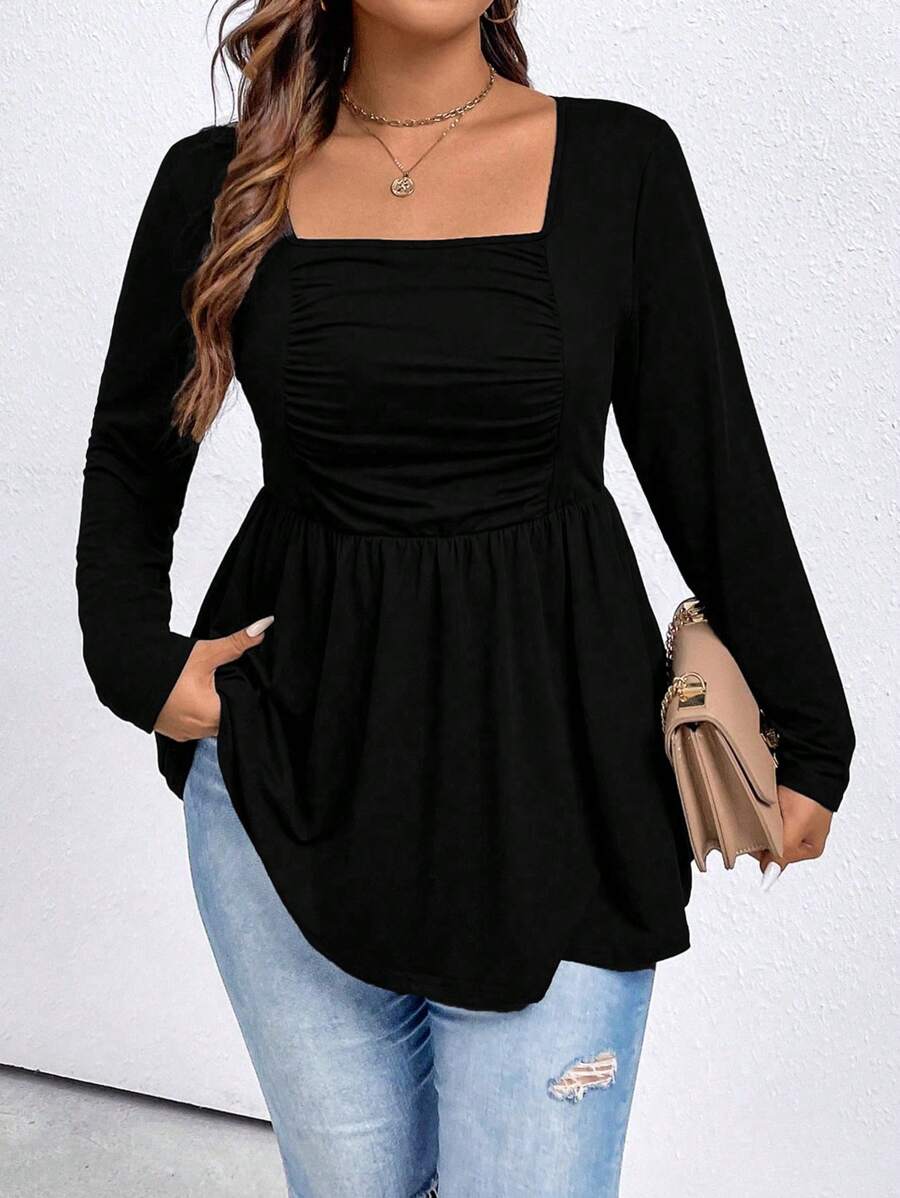 Ženski top plus size sa kvadratnim izrezom, jednobojni, dugih rukava, sa vezivanjem u struku