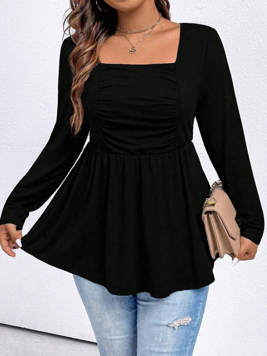 Ženski top plus size sa kvadratnim izrezom, jednobojni, dugih rukava, sa vezivanjem u struku