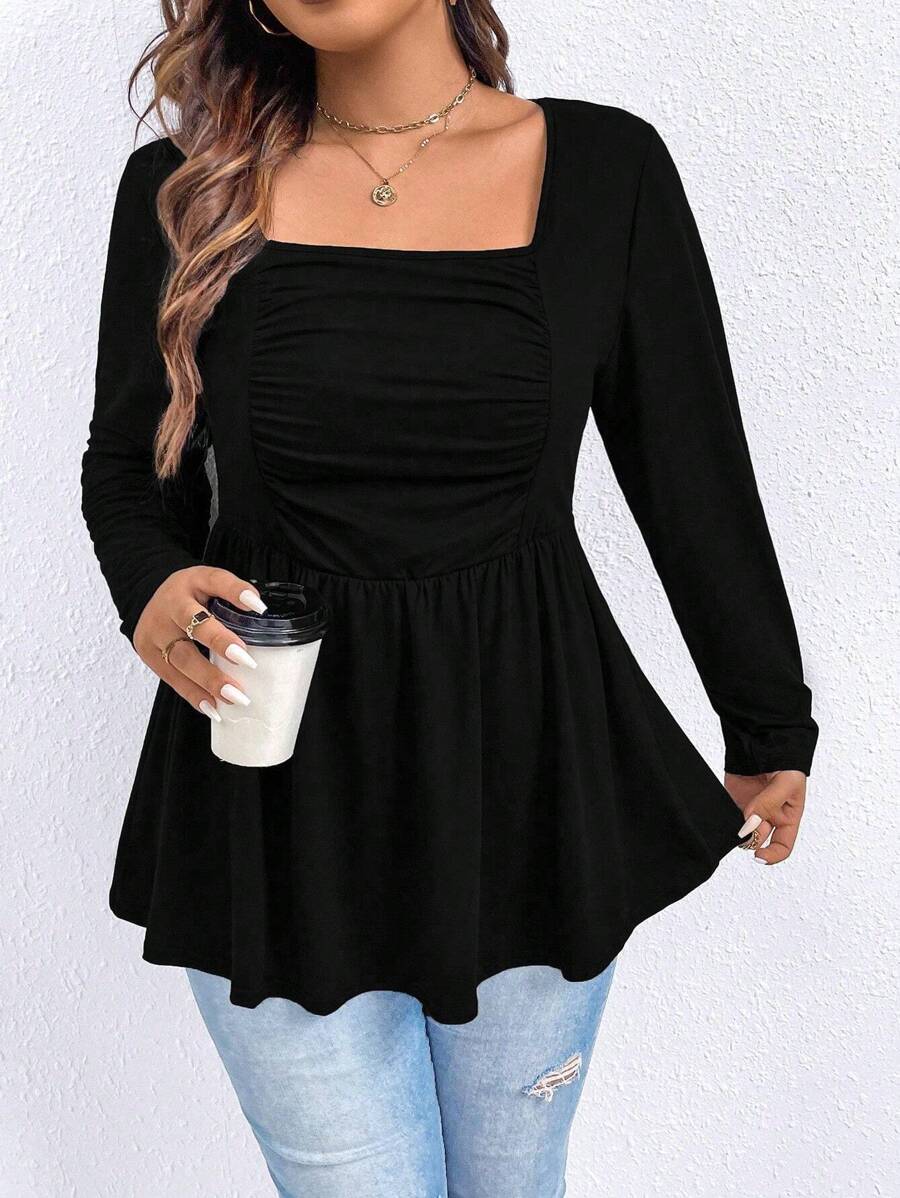 Ženski top plus size sa kvadratnim izrezom, jednobojni, dugih rukava, sa vezivanjem u struku
