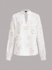 SHEIN Ladies' Gold Foil Heart Print Long Sleeve Shirt, Long Sleeve Tops Fall Cloth For Women