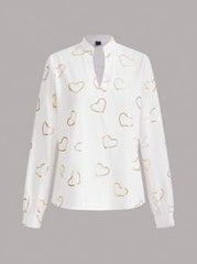 SHEIN Ladies' Gold Foil Heart Print Long Sleeve Shirt, Long Sleeve Tops Fall Cloth For Women