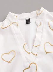 SHEIN Ladies' Gold Foil Heart Print Long Sleeve Shirt, Long Sleeve Tops Fall Cloth For Women