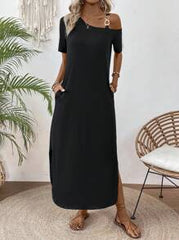 EMERY ROSE Solid Color Asymmetrical Neckline Slanted Pocket Side Slit Dress Maxi Women Outfit