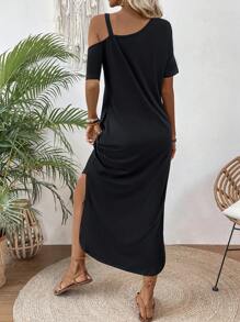 EMERY ROSE Solid Color Asymmetrical Neckline Slanted Pocket Side Slit Dress Maxi Women Outfit
