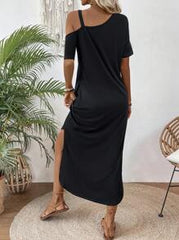 EMERY ROSE Solid Color Asymmetrical Neckline Slanted Pocket Side Slit Dress Maxi Women Outfit