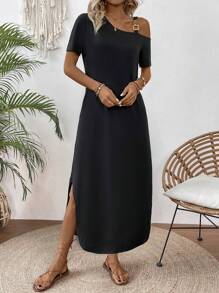 EMERY ROSE Solid Color Asymmetrical Neckline Slanted Pocket Side Slit Dress Maxi Women Outfit