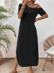 EMERY ROSE Solid Color Asymmetrical Neckline Slanted Pocket Side Slit Dress Maxi Women Outfit