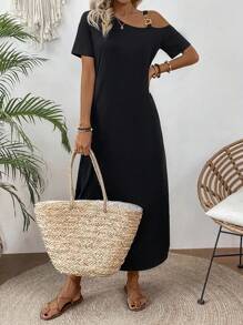 EMERY ROSE Solid Color Asymmetrical Neckline Slanted Pocket Side Slit Dress Maxi Women Outfit