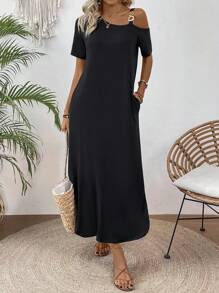EMERY ROSE Solid Color Asymmetrical Neckline Slanted Pocket Side Slit Dress Maxi Women Outfit