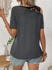 SHEIN Ladies' Lace Patchwork Asymmetric Neckline T-Shirt