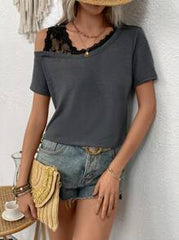 SHEIN Ladies' Lace Patchwork Asymmetric Neckline T-Shirt
