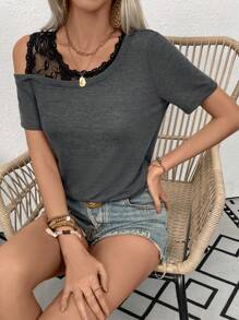 SHEIN Ladies' Lace Patchwork Asymmetric Neckline T-Shirt