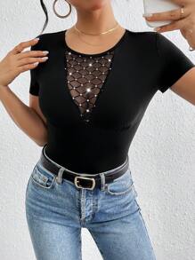 SHEIN Privé Women's Concert Mesh T-Shirt With Colorblock & Rhinestone Decoration