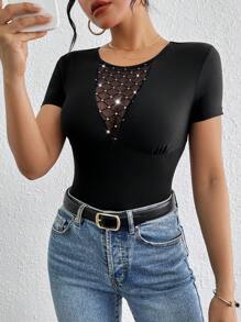 SHEIN Privé Women's Concert Mesh T-Shirt With Colorblock & Rhinestone Decoration